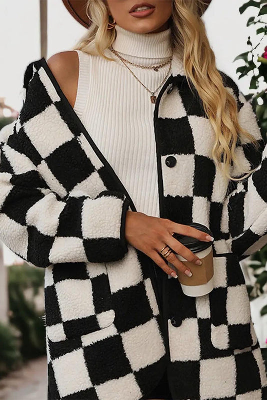 Black Checkered Side Pockets Collared Buttoned Fleece Jacket Jackets JT's Designer Fashion