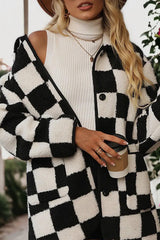 Black Checkered Side Pockets Collared Buttoned Fleece Jacket Jackets JT's Designer Fashion