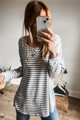 Gray Stripe Drop Sleeve Round Neck Oversized Long Sleeve Top Long Sleeve Tops JT's Designer Fashion
