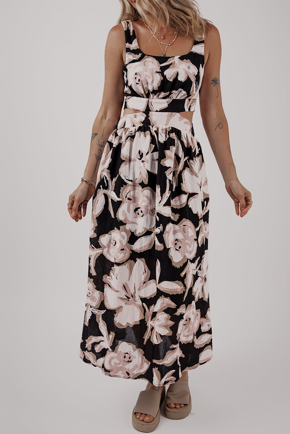 Black Floral Cutout Square Neck Knot Back Sleeveless Long Dress Maxi Dresses JT's Designer Fashion
