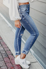 Light Blue Distressed Frayed Ankle Skinny Jeans Jeans JT's Designer Fashion