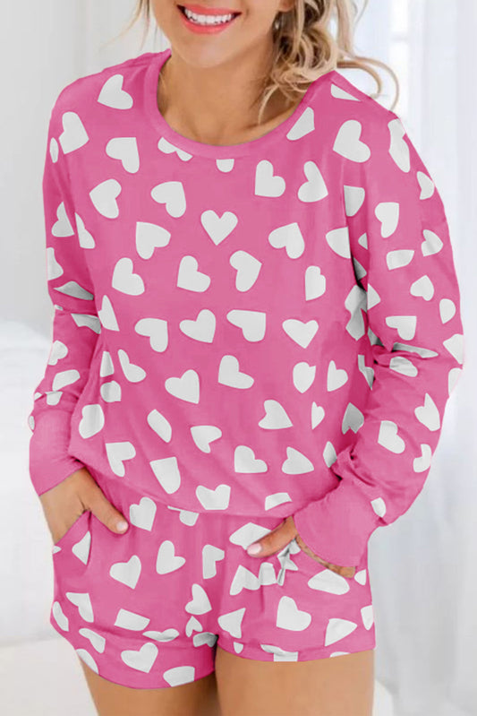 Pink Valentine Heart Shape Print Long Sleeve Top Shorts Lounge Set Pink 95%Polyester+5%Elastane Short Sets JT's Designer Fashion