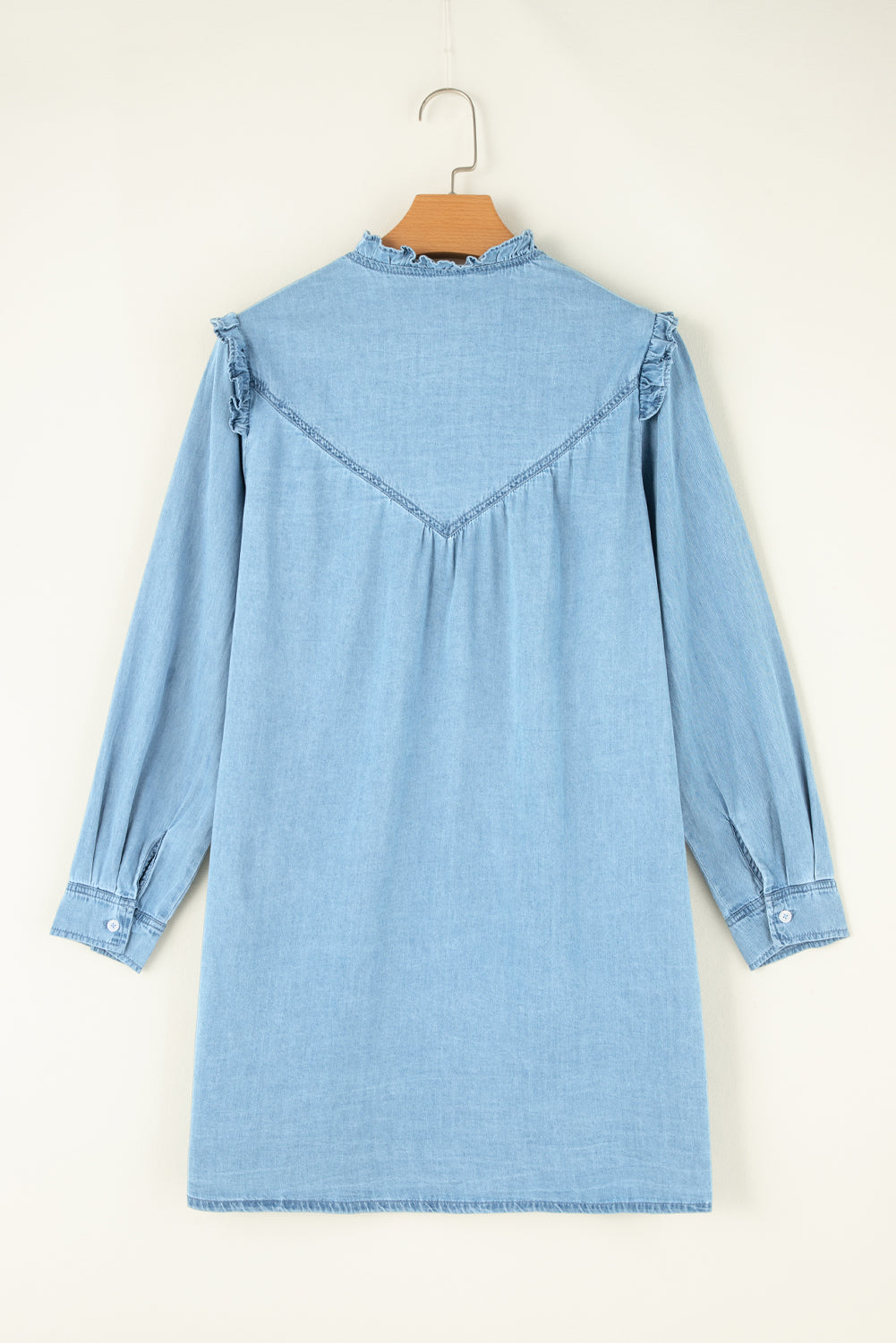 Button Up Notched Long Sleeve Denim Dress Mini Dresses JT's Designer Fashion