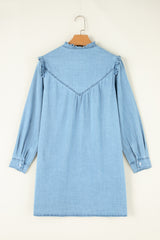 Button Up Notched Long Sleeve Denim Dress Mini Dresses JT's Designer Fashion
