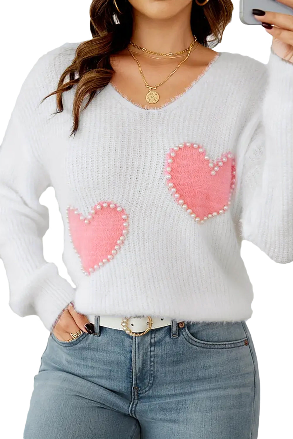 White Pearl Beaded Heart Pattern Fuzzy V Neck Sweater Sweaters JT's Designer Fashion