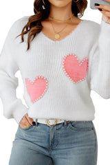 White Pearl Beaded Heart Pattern Fuzzy V Neck Sweater Sweaters JT's Designer Fashion