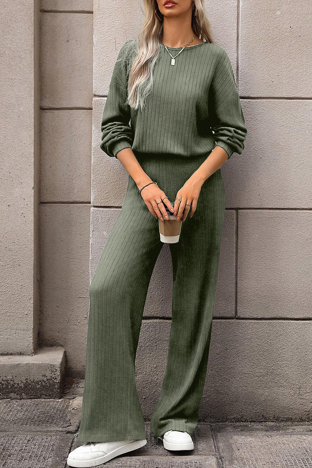 Laurel Green Solid Ribbed Knit Keyhole Back High Waist Jumpsuit Jumpsuits & Rompers JT's Designer Fashion