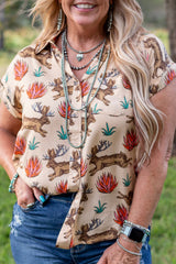 Khaki Plus Size Western Pattern Print Buttoned Short Sleeve Shirt Plus Size Blouses & Shirts JT's Designer Fashion