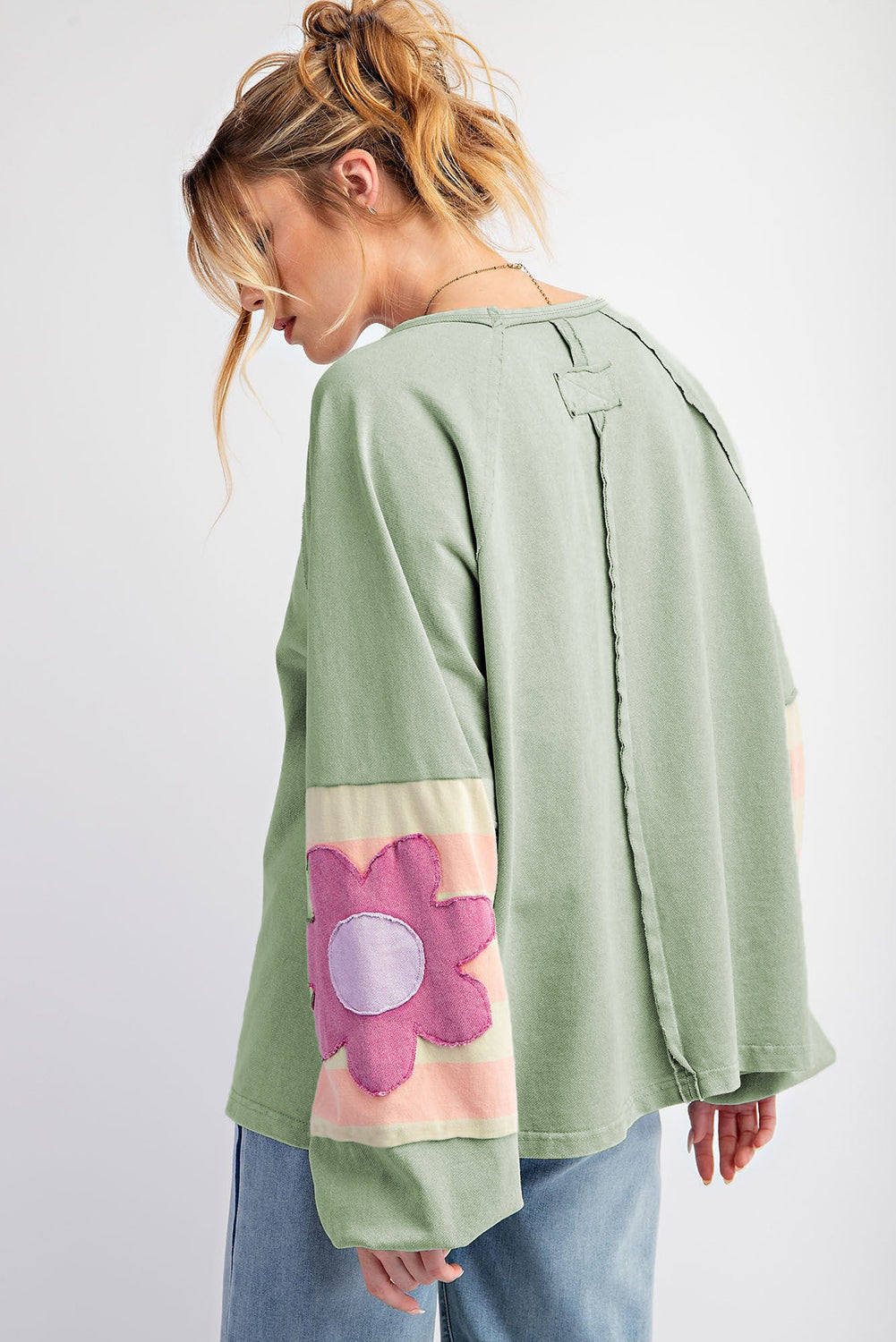 Smoke Green Flower Patchwork Raglan Sleeve Exposed Seam Oversized Top Long Sleeve Tops JT's Designer Fashion