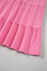 Bright Pink Waffle Textured Button Round Neck A-line Tiered Sleeveless Dress Mini Dresses JT's Designer Fashion