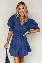 Blue Drawstring High Waist Puff Sleeve Denim Mini Dress Mini Dresses JT's Designer Fashion