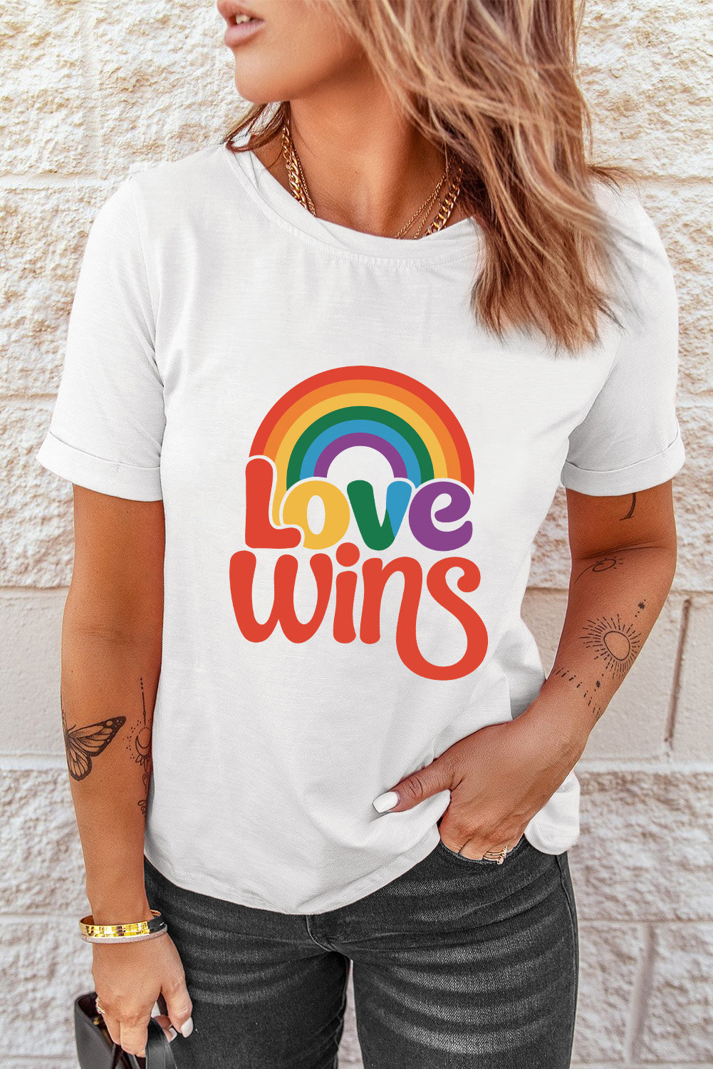 White Love Wins Pride Rainbow Graphic Casual T Shirt Graphic Tees JT's Designer Fashion