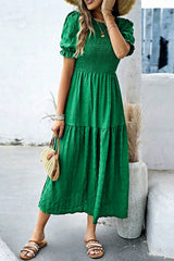 Dark Green Solid Textured Smocked Puff Short Sleeve High Waist Long Dress Dresses JT's Designer Fashion