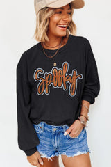 Black Spooky Rhinestone Drop Shoulder Graphic Sweatshirt Graphic Sweatshirts JT's Designer Fashion