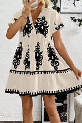 Black Vintage Print V Neck High Waist Short Sleeve Dress Mini Dresses JT's Designer Fashion