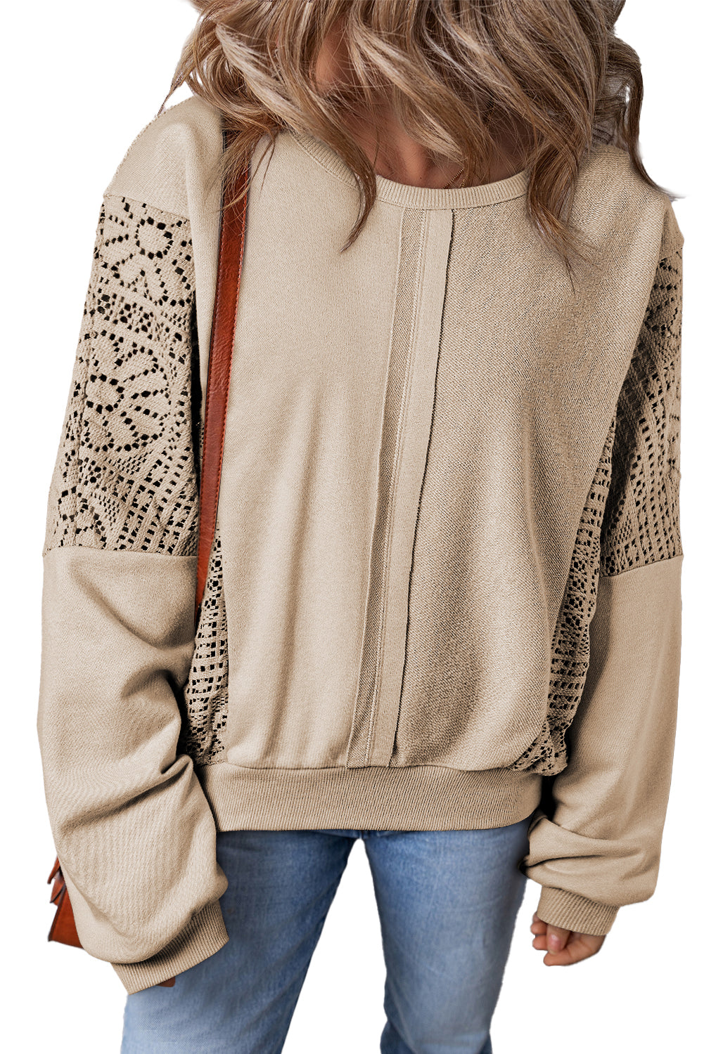 Parchment Knit Crochet Exposed Seam Ribbed Trim Sweatshirt Sweatshirts & Hoodies JT's Designer Fashion