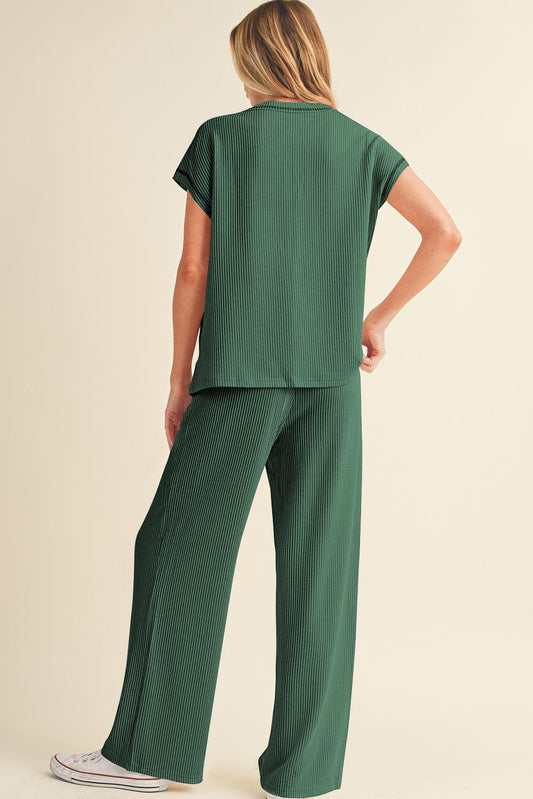 Blackish Green Solid Color Corded Short Sleeve Top and Casual Pants Set Pant Sets JT's Designer Fashion