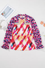 Rose Red Abstract Geometric Pattern Patchwork Puff Sleeve Blouse Blouses & Shirts JT's Designer Fashion