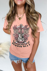 Pink Nashville MUSIC CITY Guitar Graphic Crewneck Tee Graphic Tees JT's Designer Fashion