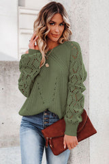 Green Hollow-out Puffy Sleeve Knit Sweater Sweaters JT's Designer Fashion