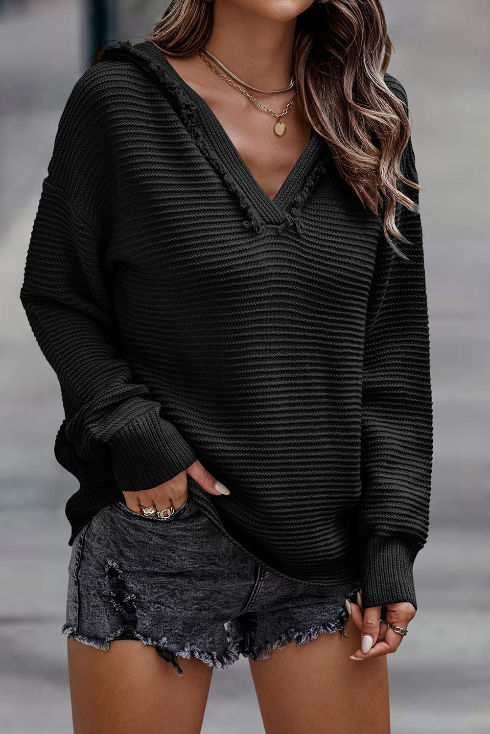 Black V Neck Ribbed Drop Shoulder Hooded Sweater Sweaters & Cardigans JT's Designer Fashion