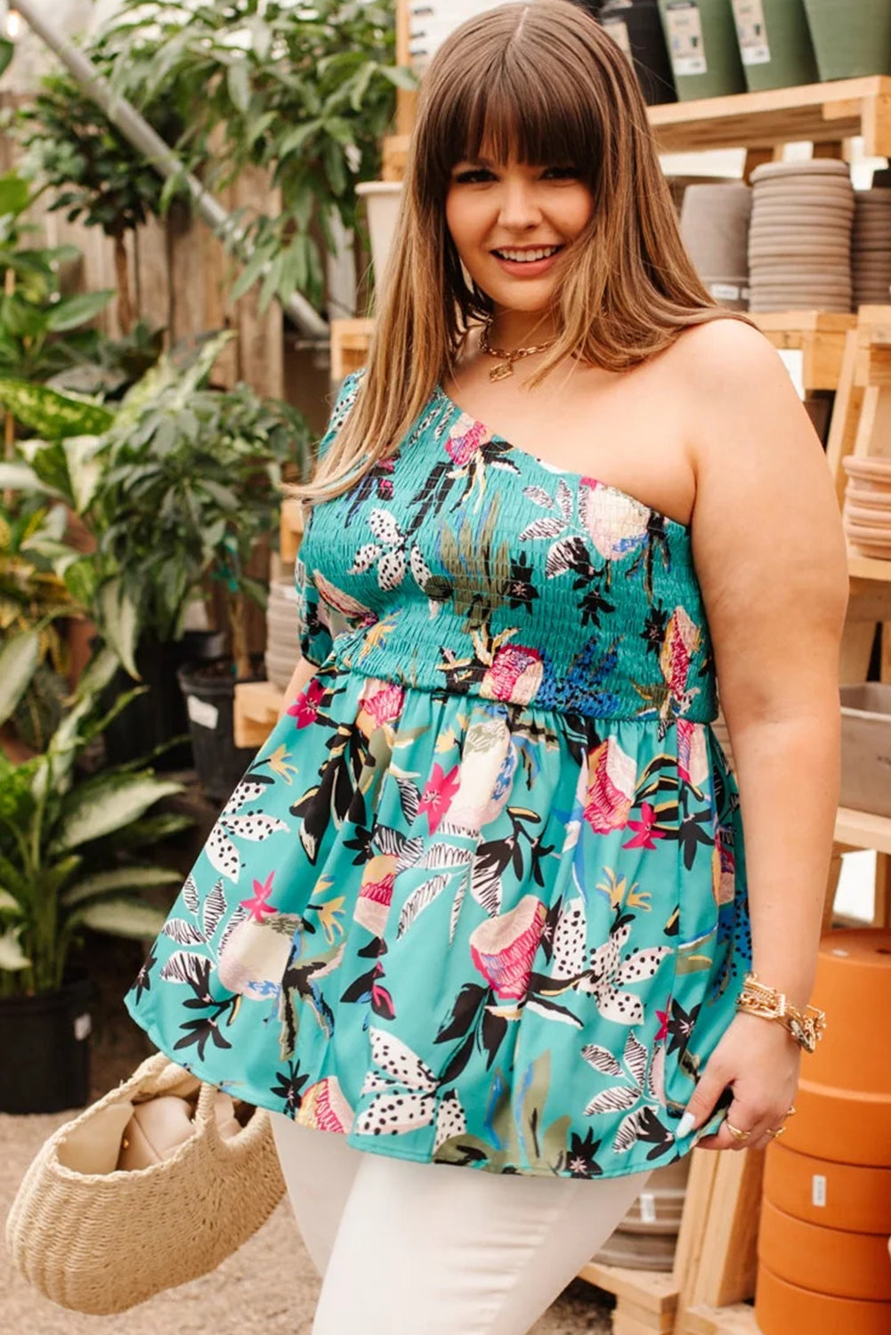 Green Plus Size Floral Smocked Bodice Single Puff Short Sleeve Babydoll Blouse Plus Size Blouses & Shirts JT's Designer Fashion