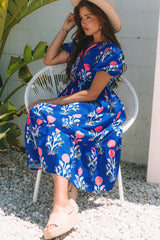 Sky Blue Floral Puff Short Sleeve V Neck High Waist Maxi Dress Floral Dresses JT's Designer Fashion