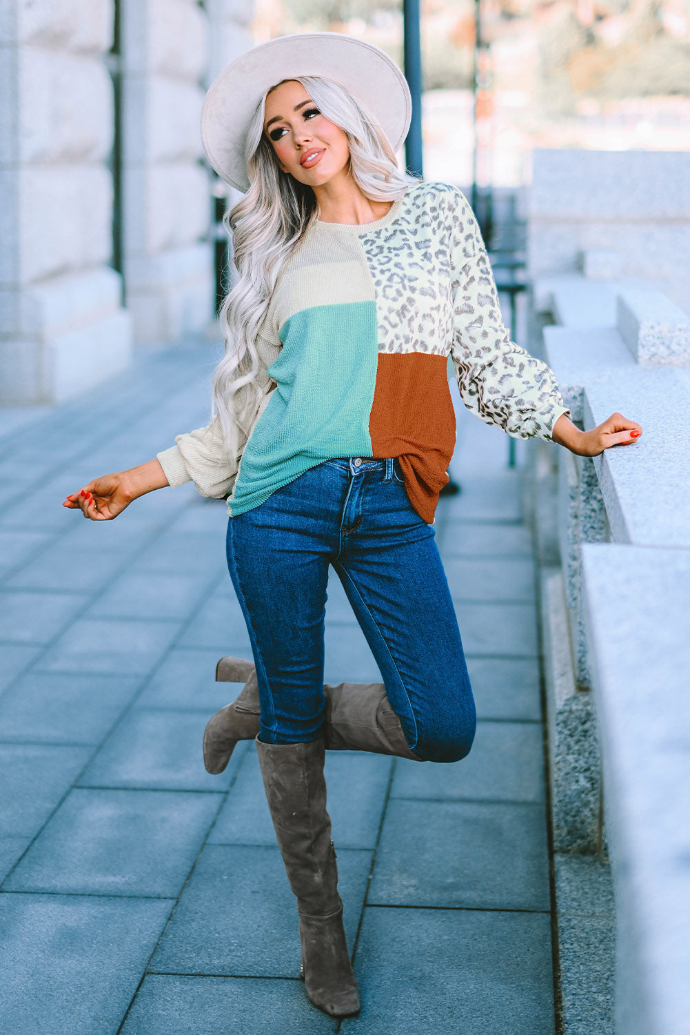 Leopard Patchwork Color Block Ribbed Long Sleeve Top Long Sleeve Tops JT's Designer Fashion