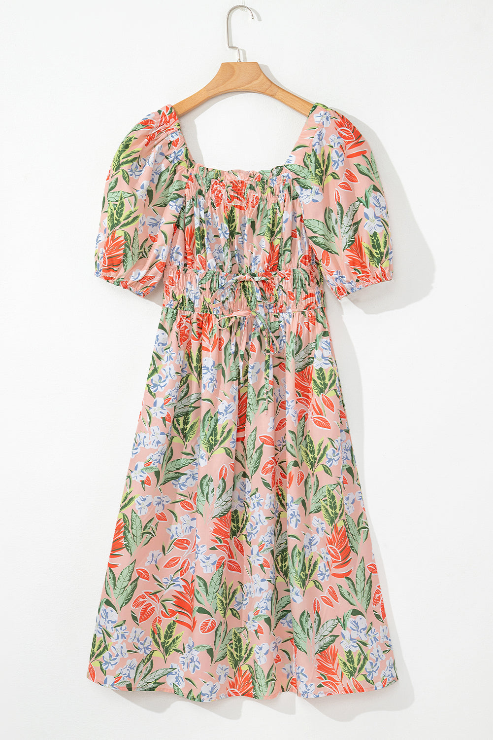 Apricot Pink Floral Smocked Bust Bubble Short Sleeve Long Dress Maxi Dresses JT's Designer Fashion