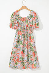 Apricot Pink Floral Smocked Bust Bubble Short Sleeve Long Dress Maxi Dresses JT's Designer Fashion