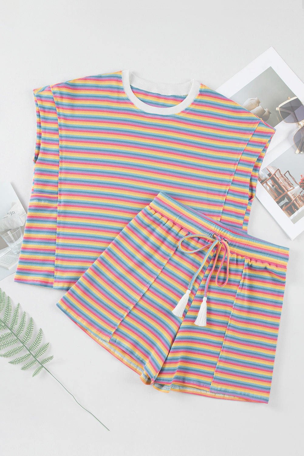 Pink Stripe Crew Neck Tee and Tasseled Drawstring Shorts Set Short Sets JT's Designer Fashion