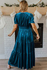 Prussian Blue Velvet Short Sleeve Shirred Waist Tiered Long Dress Maxi Dresses JT's Designer Fashion