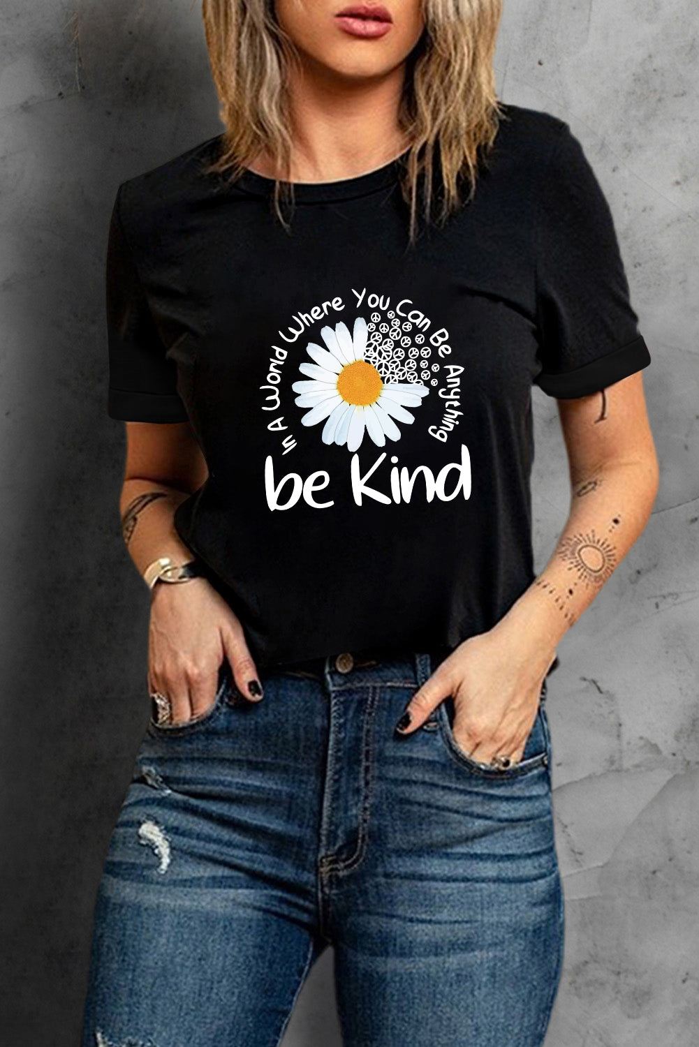 Black be kind Daisy Slogan Print Crewneck Casual Tee Graphic Tees JT's Designer Fashion