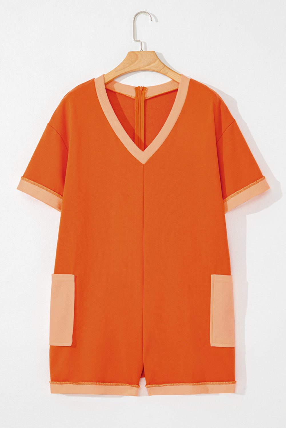Russet Orange Two-tone Short Sleeve V Neck Patched Pocket Loose Romper Jumpsuits & Rompers JT's Designer Fashion