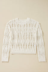 White Cut Out Crochet Crew Neck Loose Fit Sweater Sweaters JT's Designer Fashion