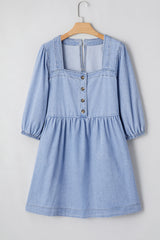Beau Blue Denim Button Detail Babydoll Square Neck Mini Dress Mini Dresses JT's Designer Fashion