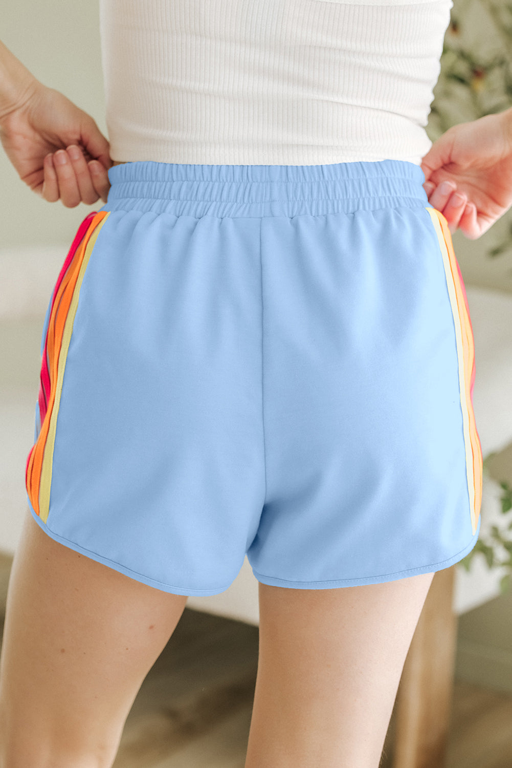 Beau Blue Color Block Stripes Elastic High Waist Active Shorts Casual Shorts JT's Designer Fashion