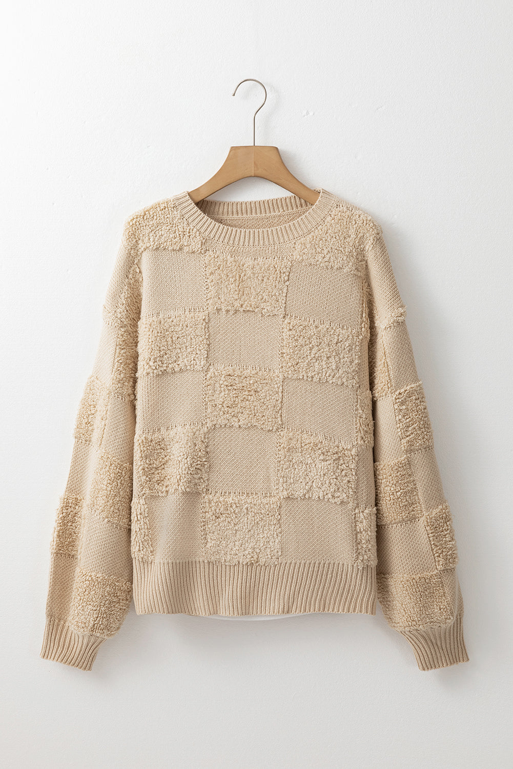 Parchment Checkered Sherpa Crew Neck Loose Sweater Sweaters JT's Designer Fashion