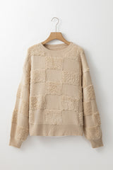 Parchment Checkered Sherpa Crew Neck Loose Sweater Sweaters JT's Designer Fashion