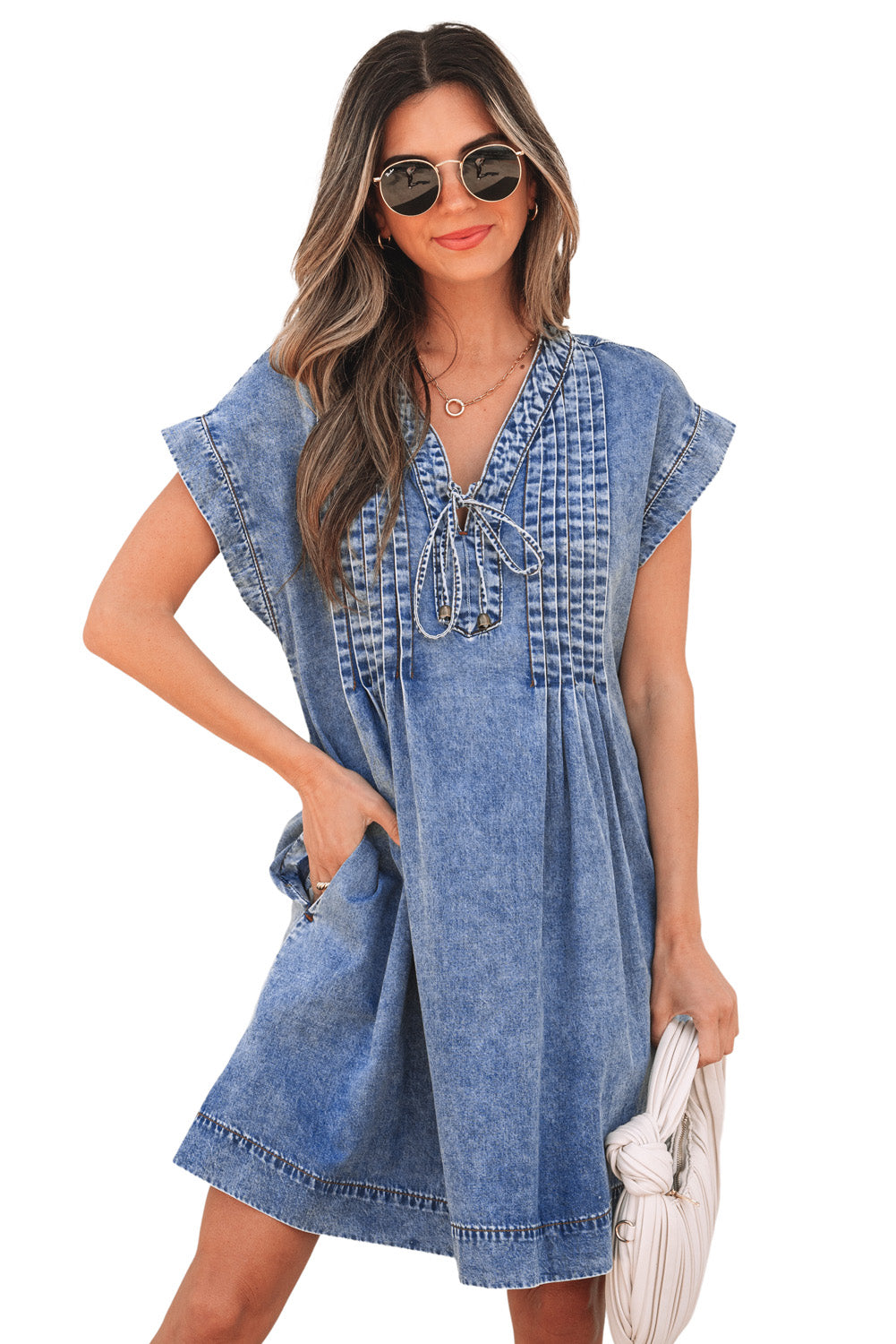 Beau Blue Tie V Neck Tucking Detail Short Sleeve Denim Shift Dress Mini Dresses JT's Designer Fashion