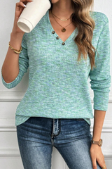 Moonlight Jade Buttoned V Neck Textured Knit Long Sleeve Top Long Sleeve Tops JT's Designer Fashion