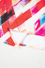 Rose Red Abstract Geometric Pattern Patchwork Puff Sleeve Blouse Blouses & Shirts JT's Designer Fashion