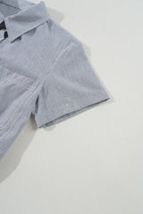 Blue Stripe Chest Pockets Buttoned Belted High Waist Romper Jumpsuits & Rompers JT's Designer Fashion