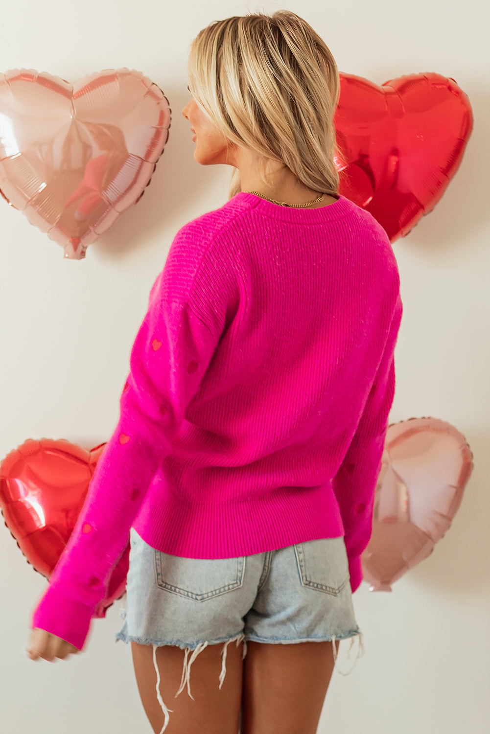 Rose Red Heart Shape Drop Shoulder Round Neck Sweater Sweaters JT's Designer Fashion