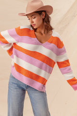 Orange Stripe Colorblock V Neck Casual Sweater Sweaters JT's Designer Fashion
