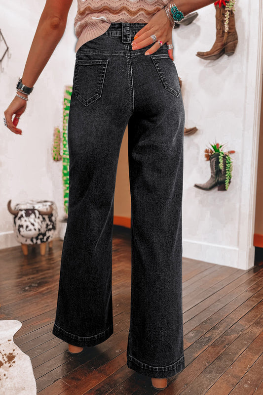 Black Wide Leg Pocketed High Waist Jeans Jeans JT's Designer Fashion