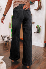 Black Wide Leg Pocketed High Waist Jeans Jeans JT's Designer Fashion