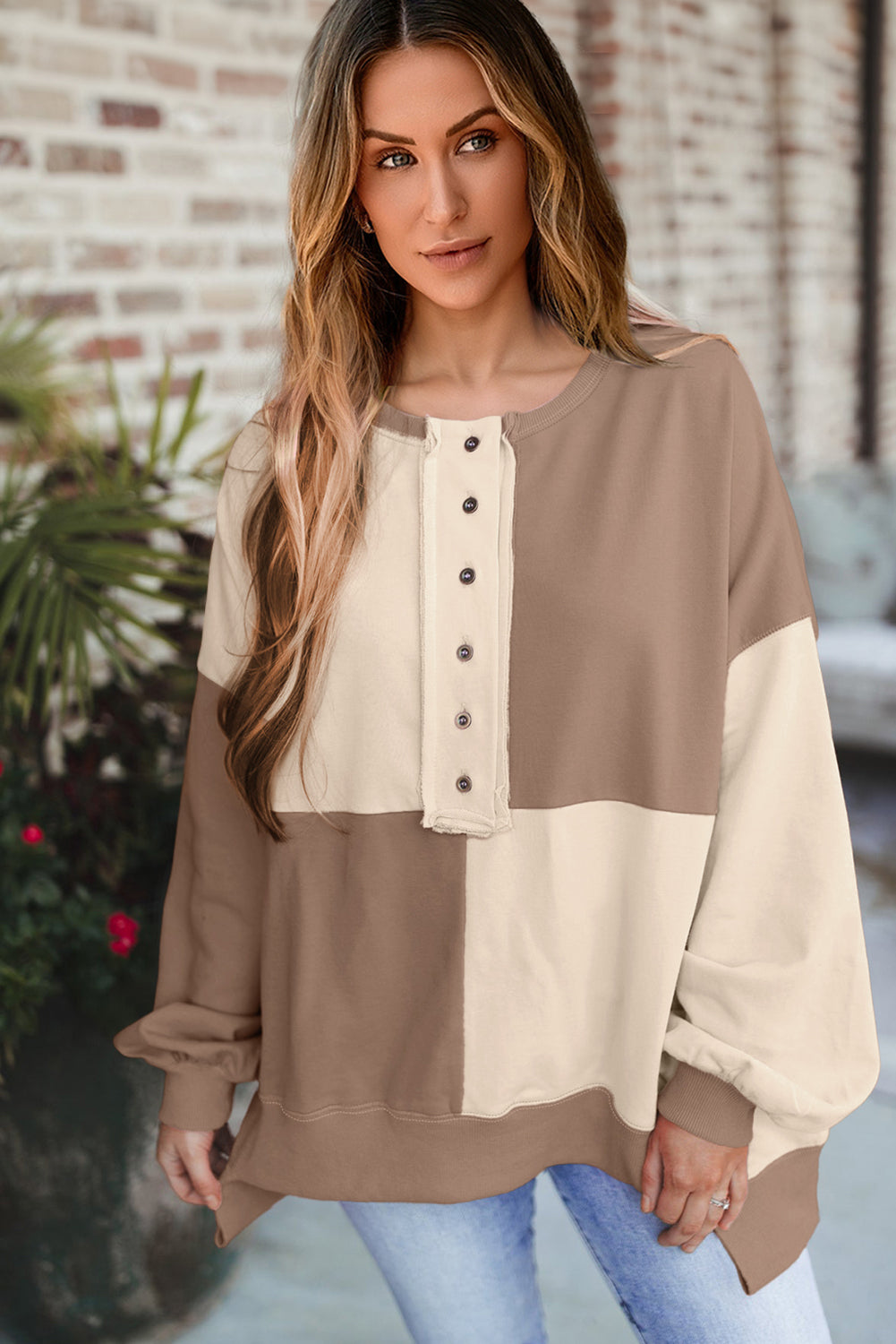 Parchment Colorblock Henley High Low Oversize Sweatshirt Sweatshirts & Hoodies JT's Designer Fashion