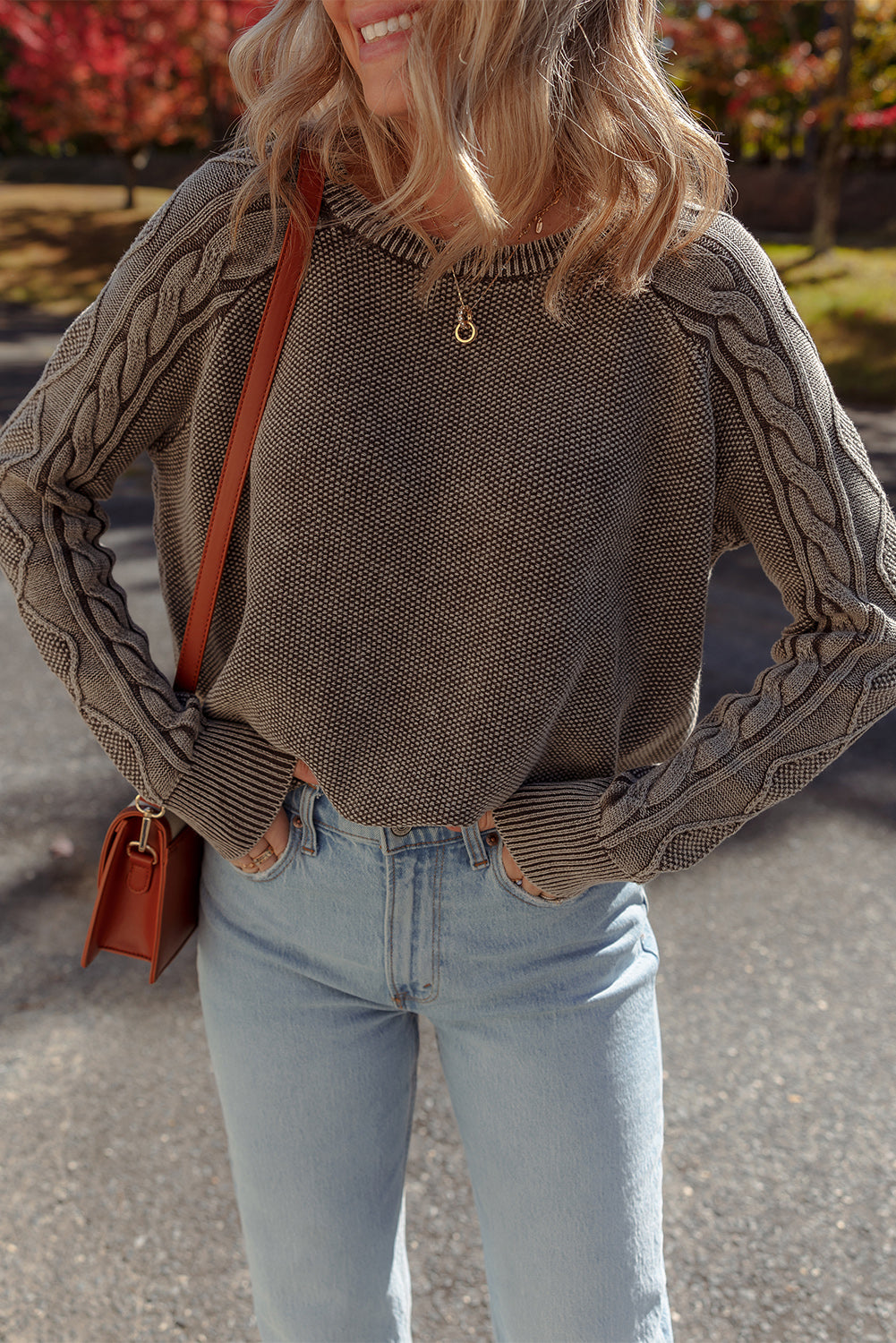 Dark Brown Contrast Cable Knit Sleeve Casual Sweater Dark Brown 100%Cotton Sweaters JT's Designer Fashion