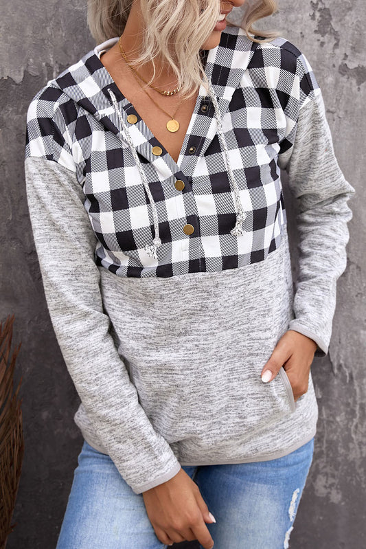 Black Plaid Splicing Pocketed Hoodie Sweatshirts & Hoodies JT's Designer Fashion